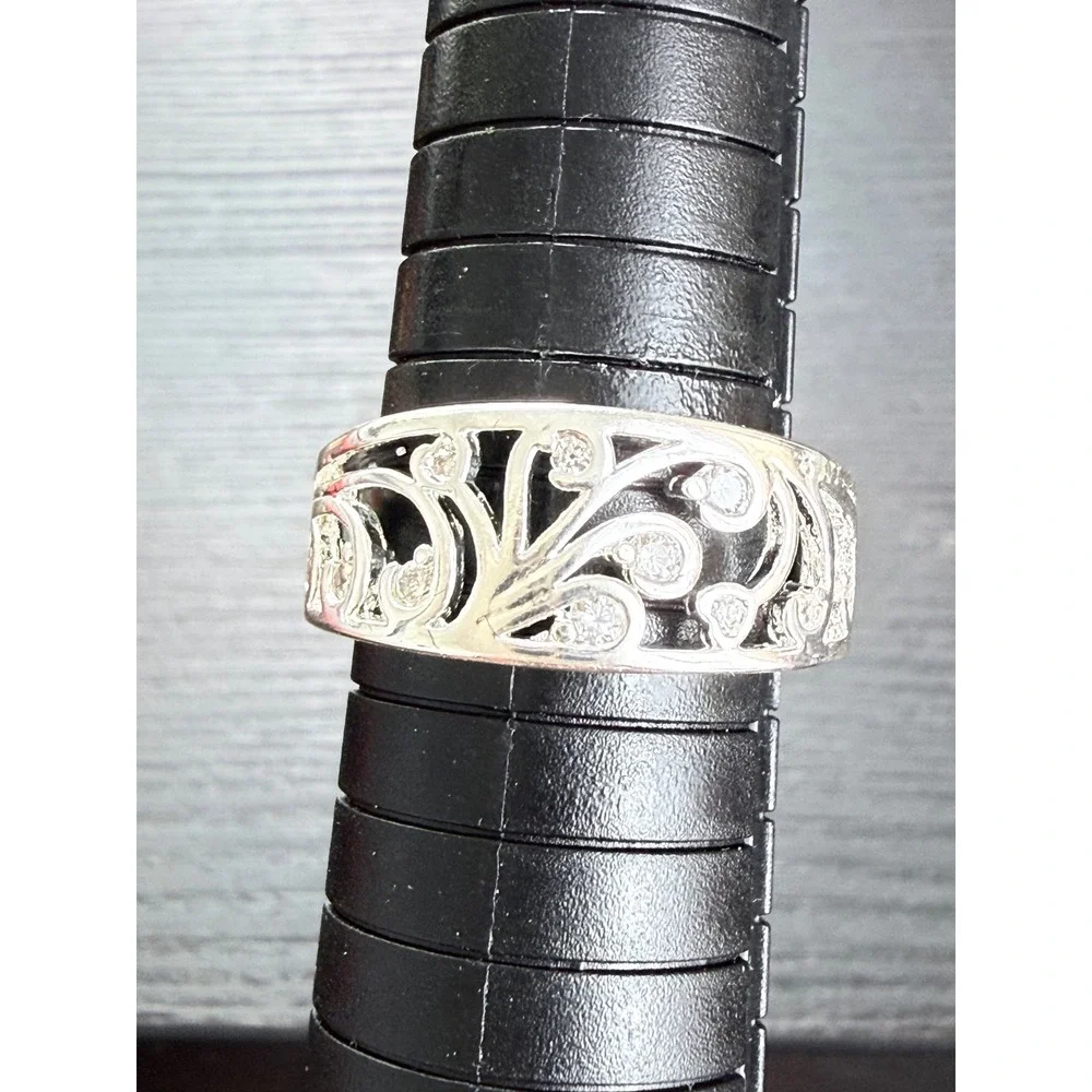 Filigree Band Ring Womens Size 9 Silver 925 Cubic Zirconia Scroll